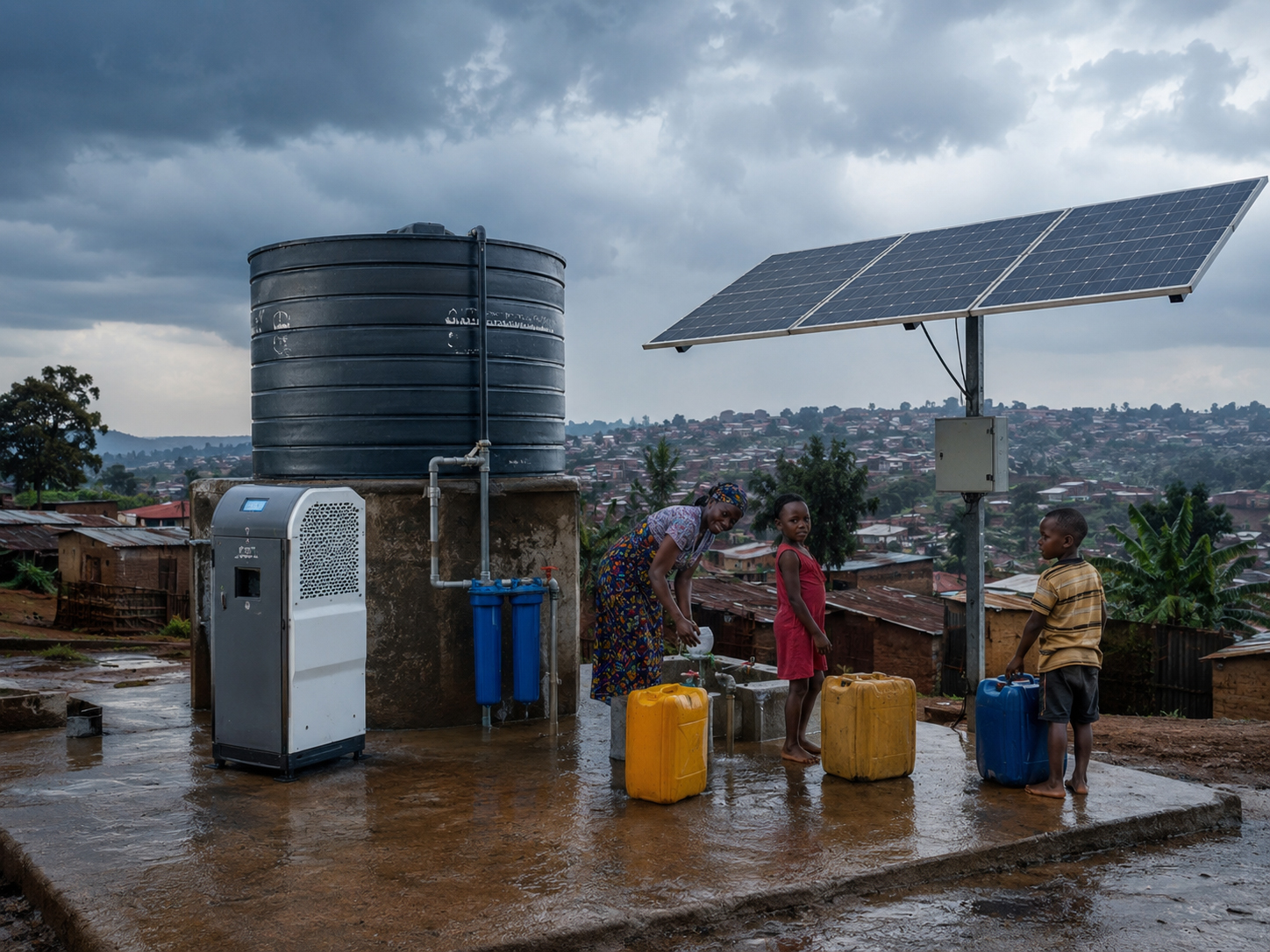 Solar pump, water tank, rainwater, atmospheric water, and community water resilience system