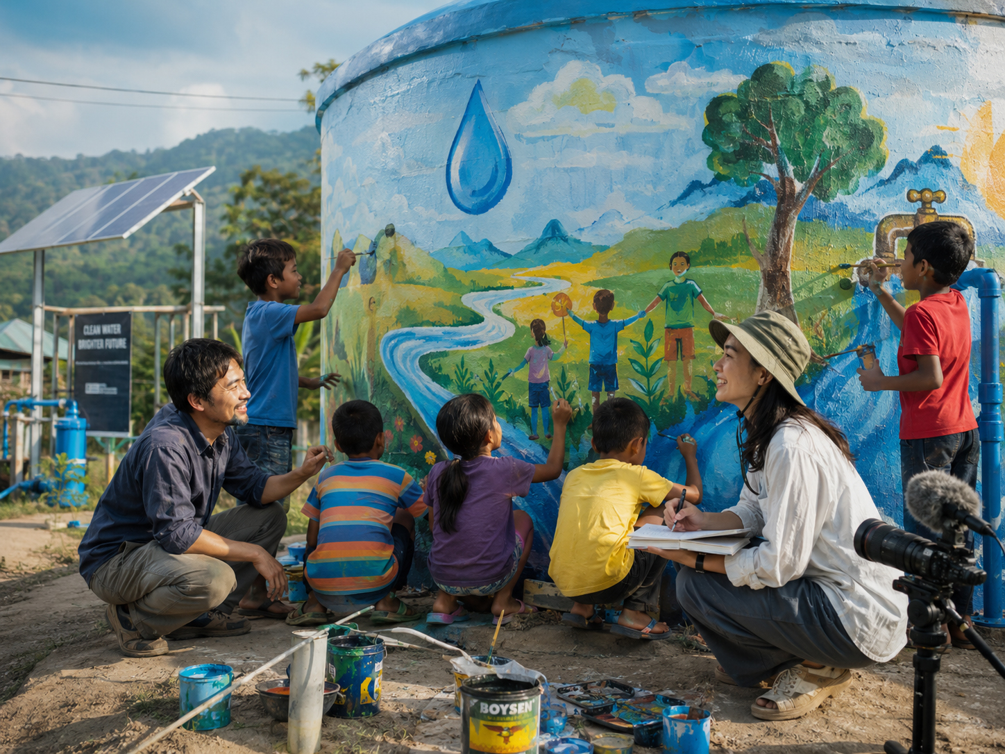 Hiro and Aoi near a water tank mural painted by children