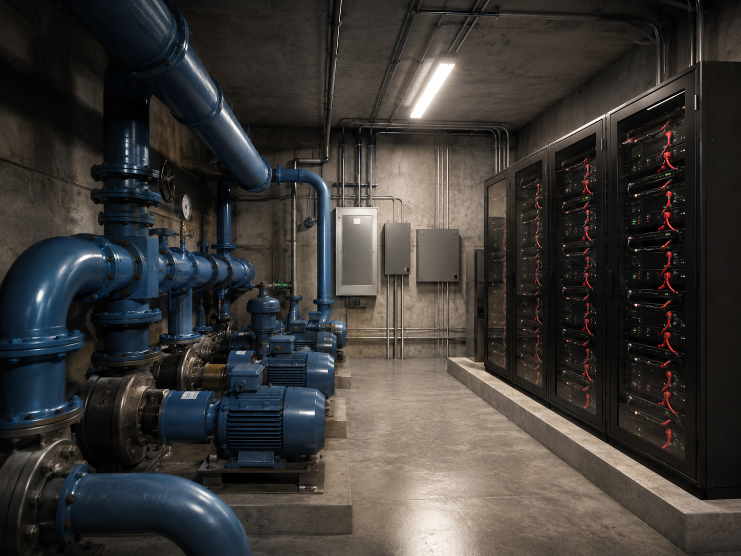 Battery backed water pump room