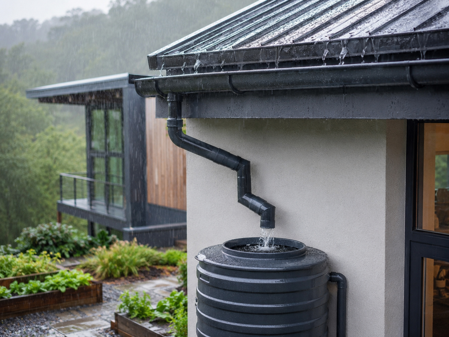 Rainwater roof catchment system feeding a cistern