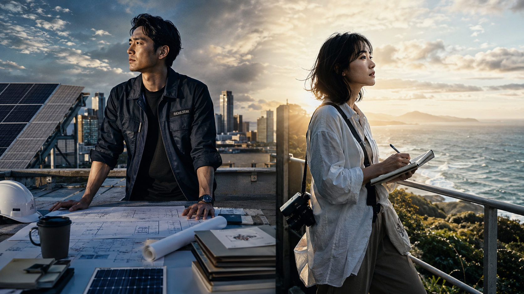 太陽光エンジニアのヒロと映画作家のアオイが向き合う場面