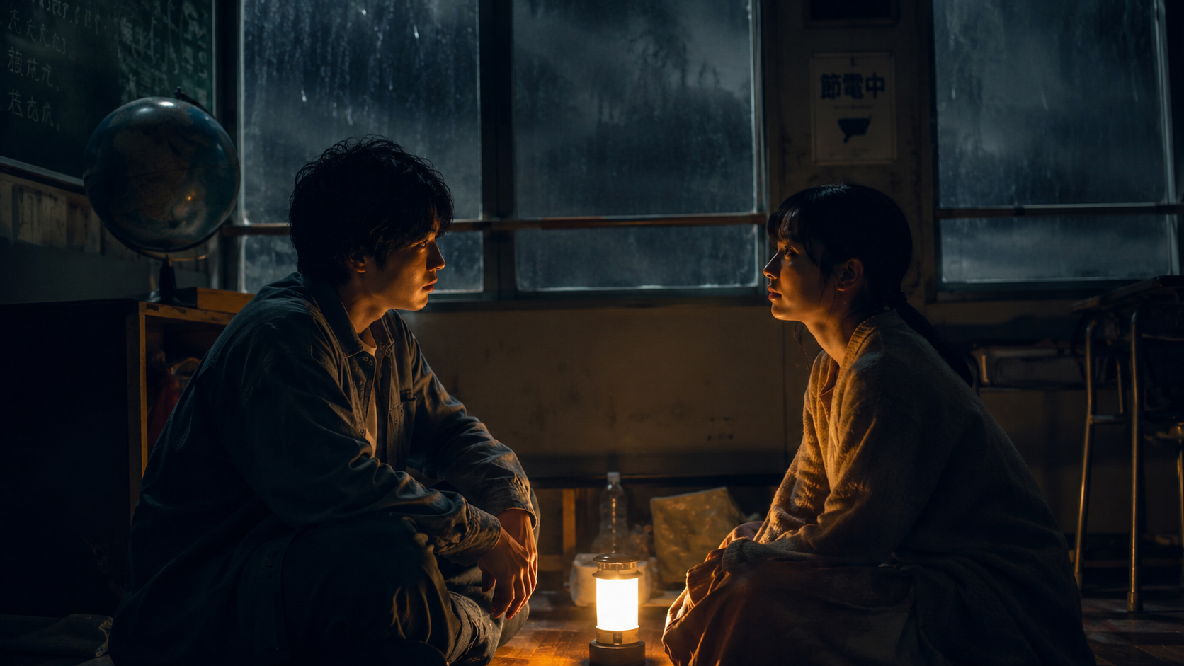 停電の教室でヒロとアオイが初めて出会う映画的な場面