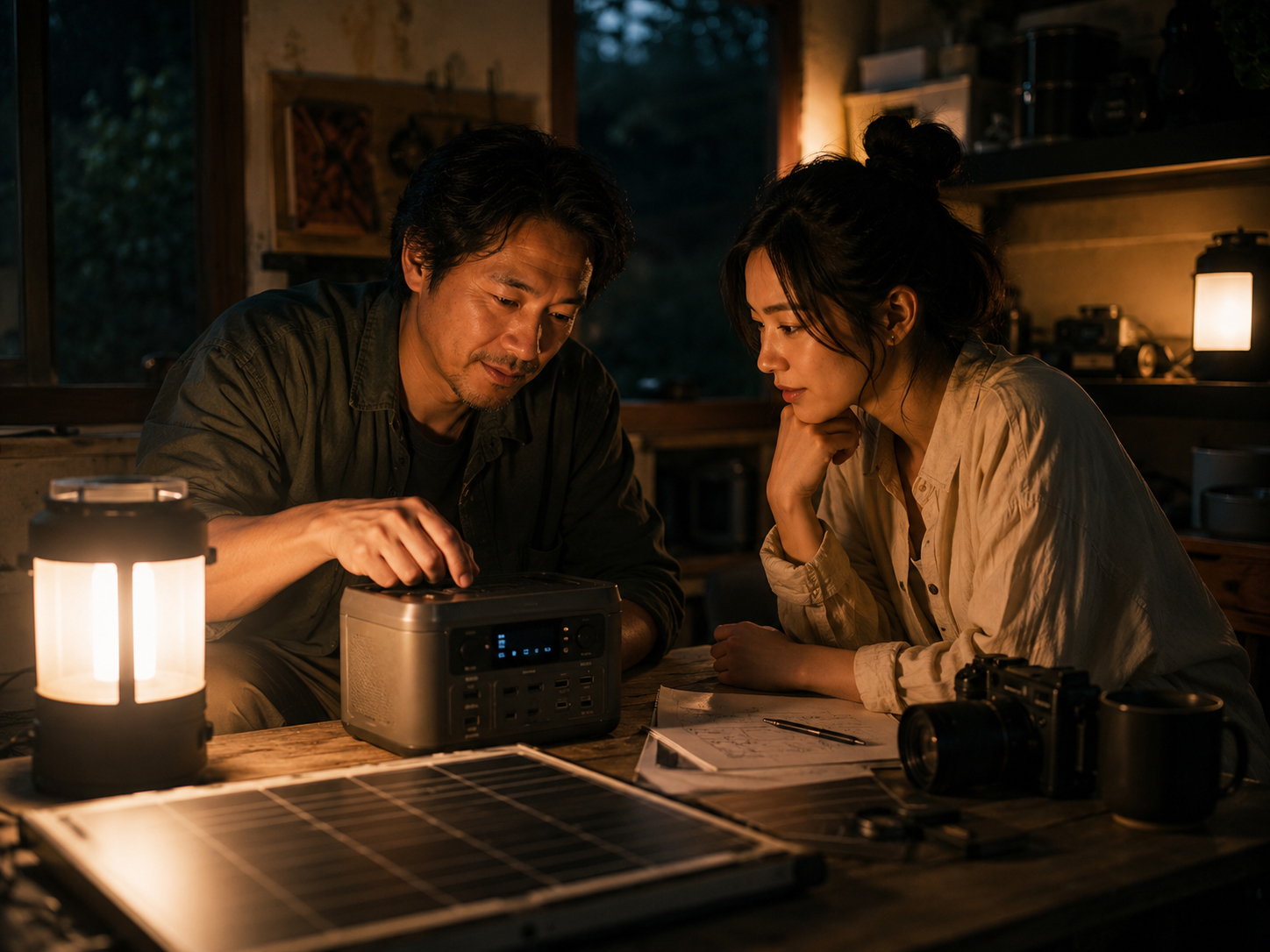 蓄電池の柔らかい灯りの中に立つヒロとアオイ