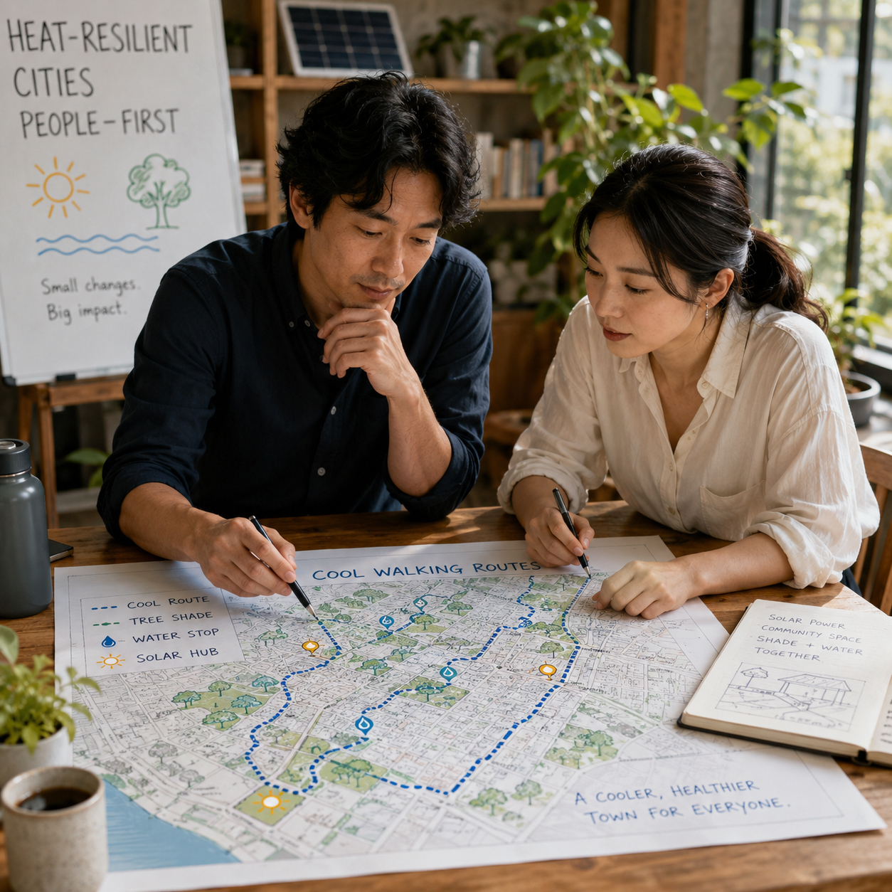 涼しい通学路の地図を見るヒロとアオイ