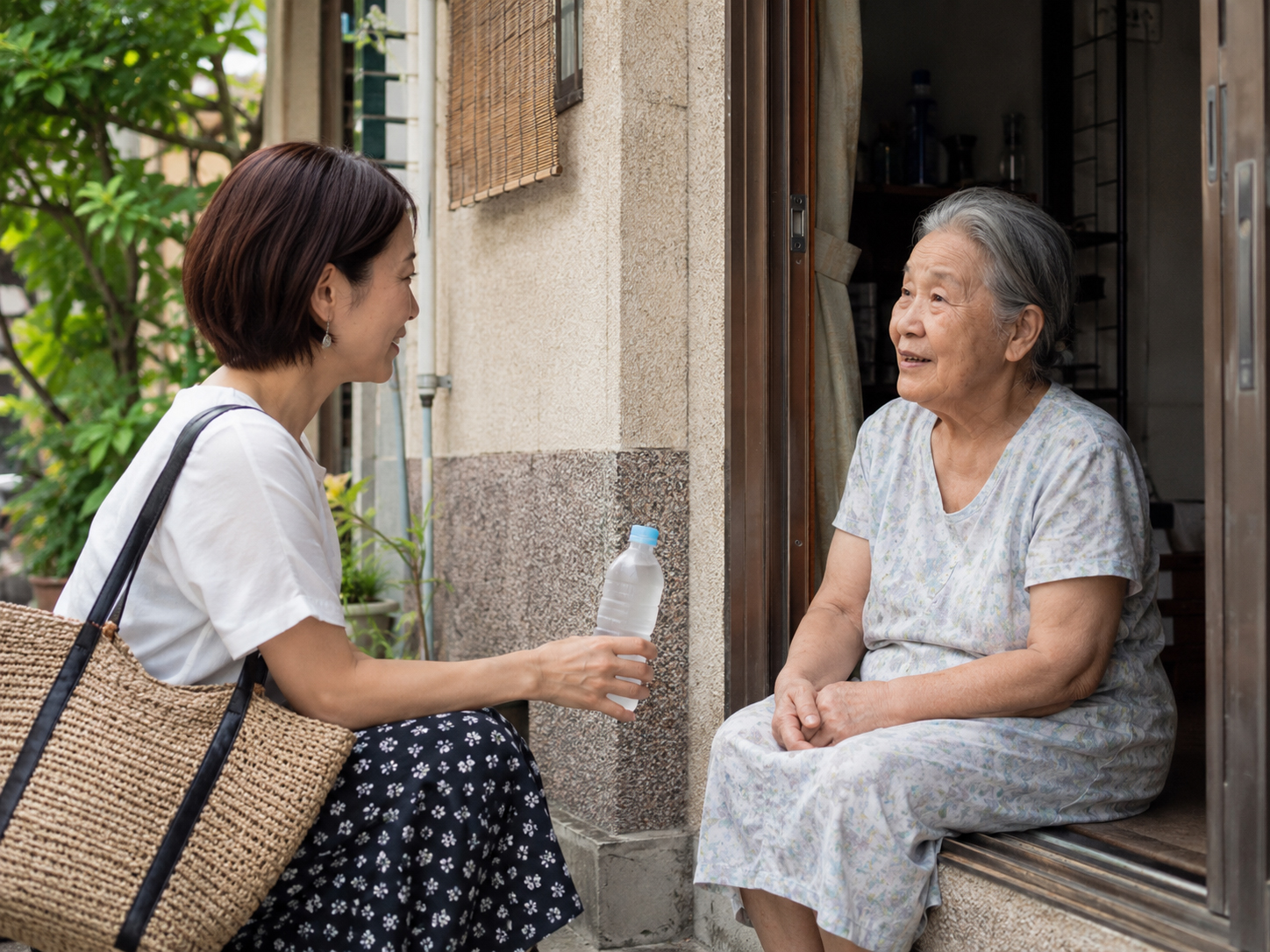 暑い日に近所の高齢者を見守る人々