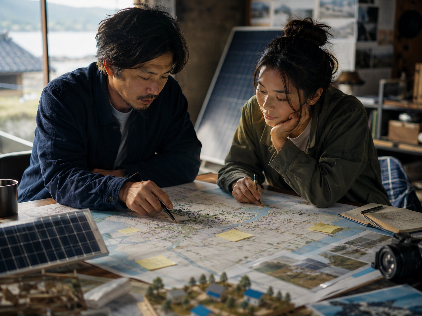 町の修復地図を見るヒロとアオイ
