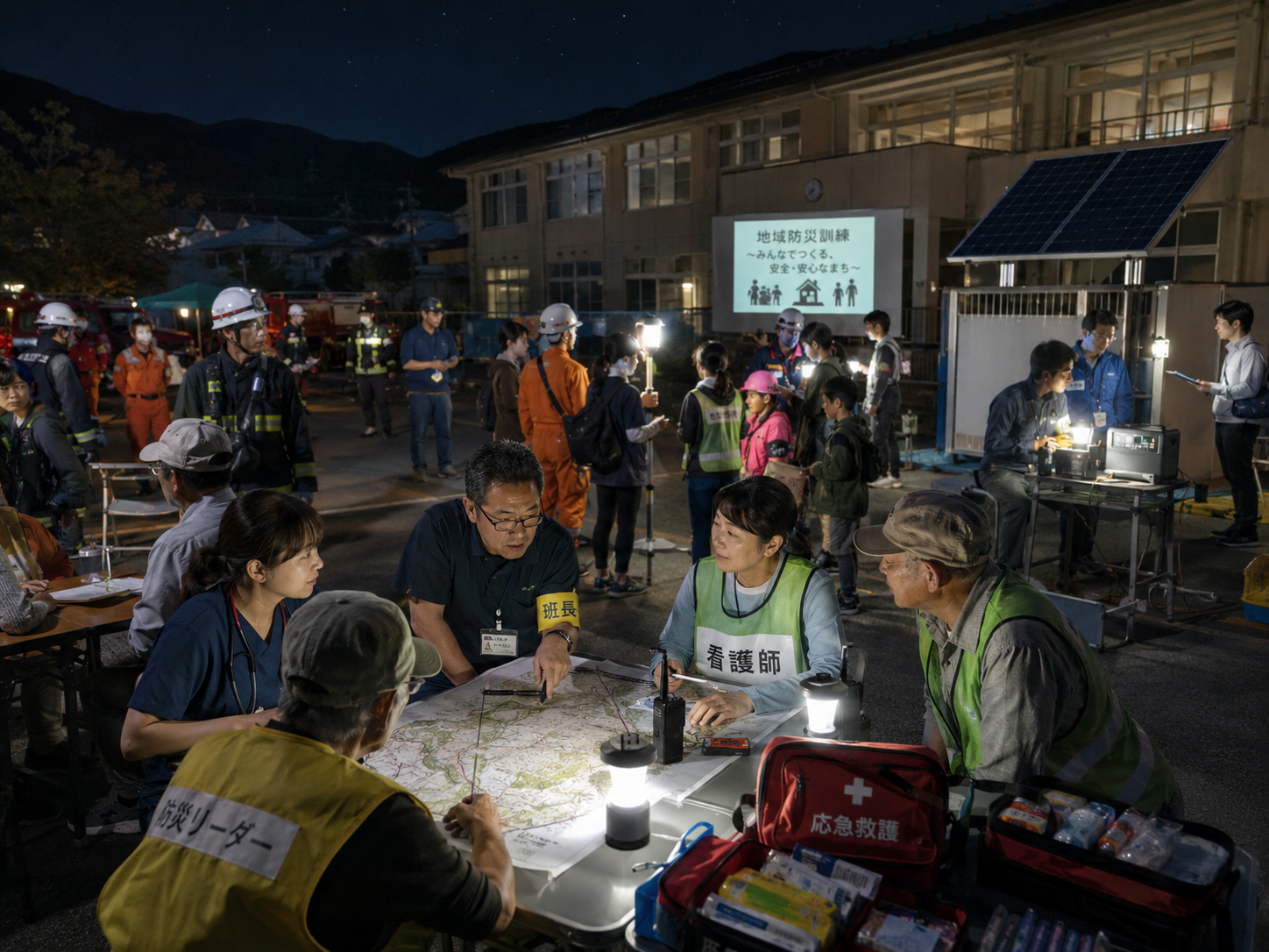 地域の夜間訓練で蓄電池と避難所を確認する場面