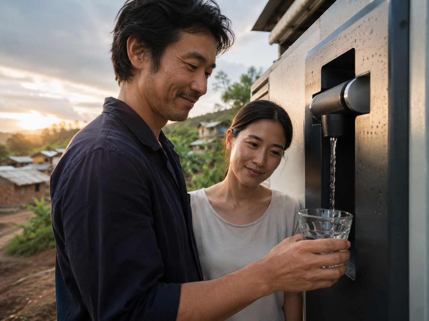 Hiro and Aoi seeing the first drop from a water-from-air system