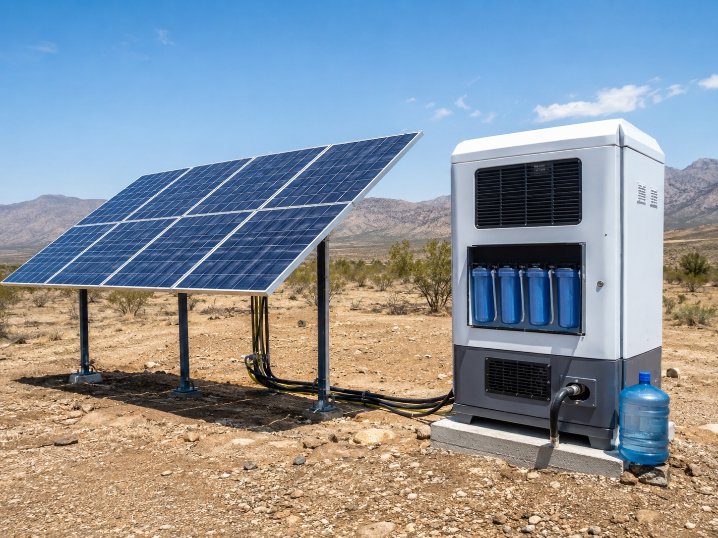 空気水生成装置へ電力を送る太陽光パネル